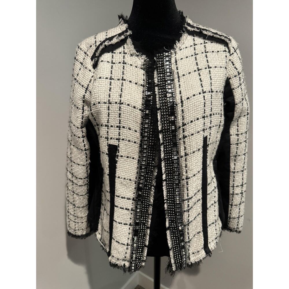 Urbanvibe Blazer Jacket Womens large White Tweed Beaded Rhinestone Collarless